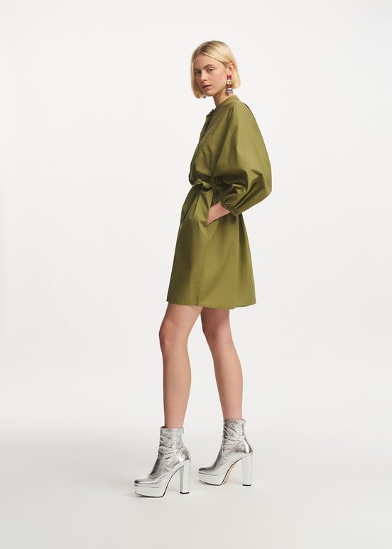 Khaki cotton shirt dress with puffed sleeves