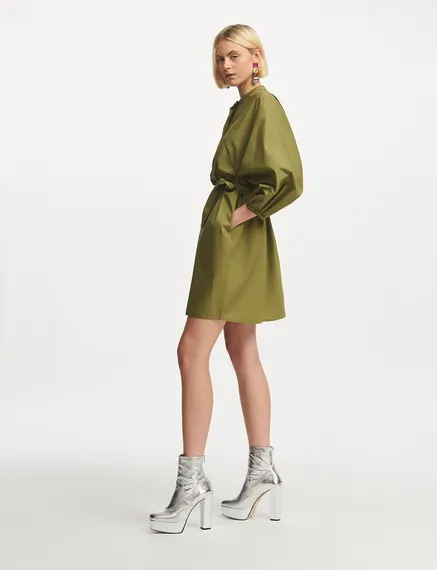 Khaki cotton shirt dress with puffed sleeves