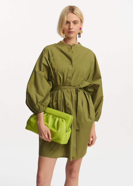 Khaki cotton shirt dress with puffed sleeves