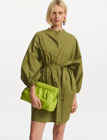 Khaki cotton shirt dress with puffed sleeves