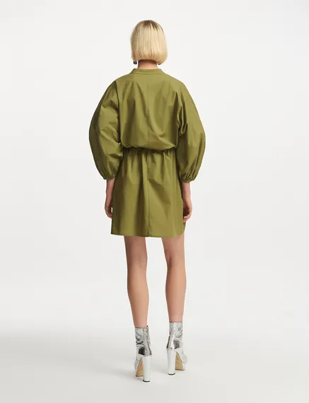 Khaki cotton shirt dress with puffed sleeves