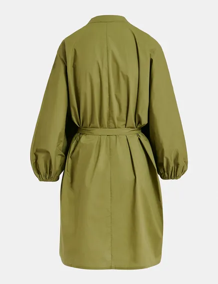 Khaki cotton shirt dress with puffed sleeves