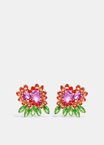 Green, red and purple rhinestone earrings