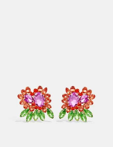 Green, red and purple rhinestone earrings