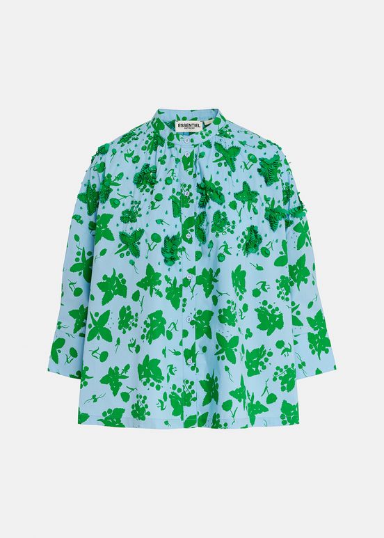 Green and light blue floral print cotton shirt