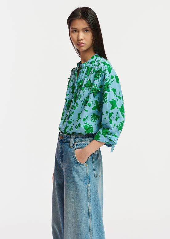 Green and light blue floral print cotton shirt