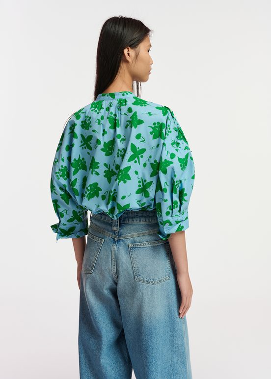 Green and light blue floral print cotton shirt