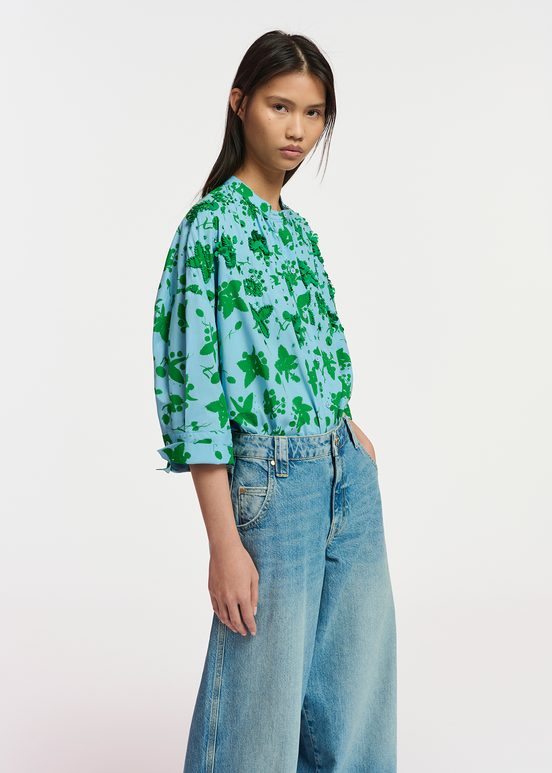 Green and light blue floral print cotton shirt