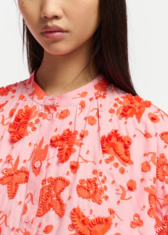 Light pink and red floral print cotton shirt 