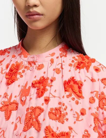 Light pink and red floral print cotton shirt 