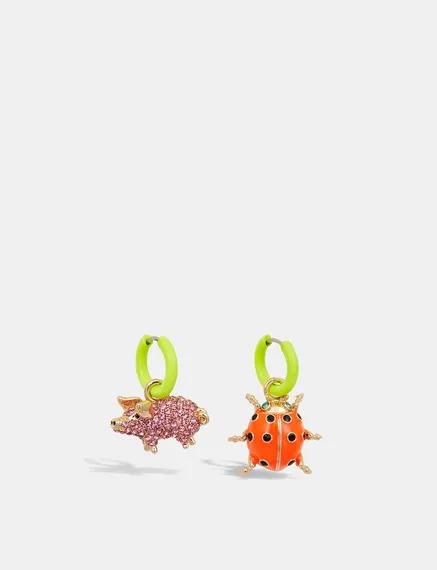 Lime green hoop earrings with pig and ladybug pendants