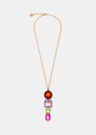 Gold-tone chain necklace with multicolor rhinestone hanger