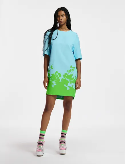 Blauwe en groene mini-jurk met bloemenprint