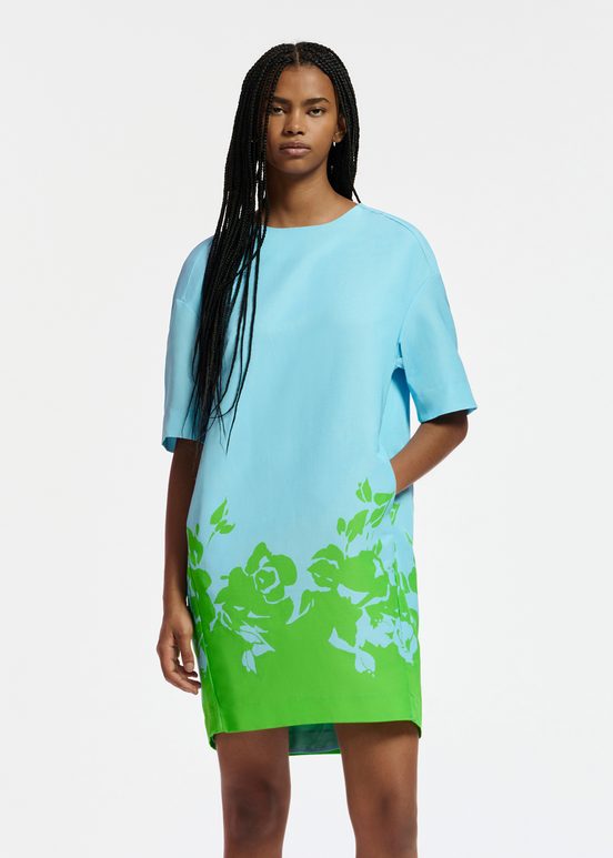 Blauwe en groene mini-jurk met bloemenprint