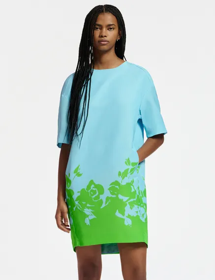 Blauwe en groene mini-jurk met bloemenprint