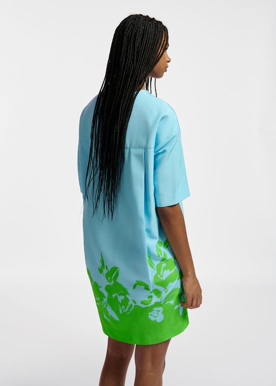 Blauwe en groene mini-jurk met bloemenprint