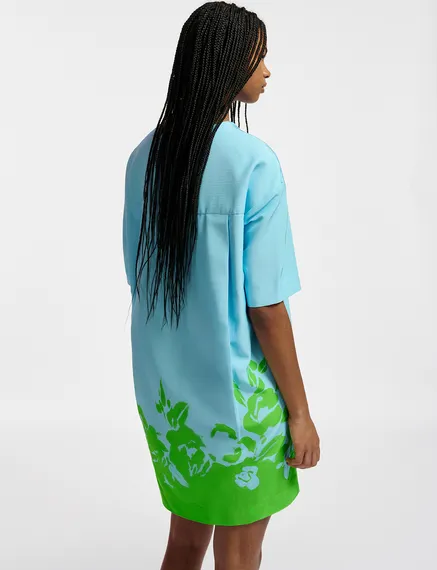 Blauwe en groene mini-jurk met bloemenprint