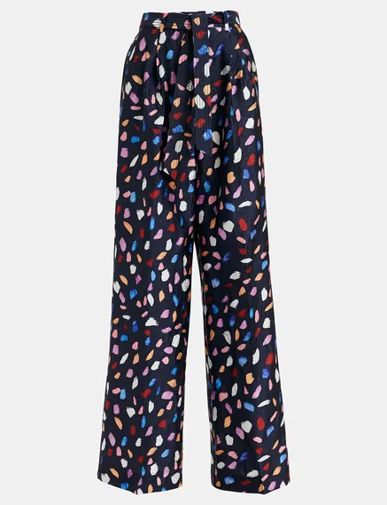 Marineblaue Hose mit weitem Bein und abstraktem Print