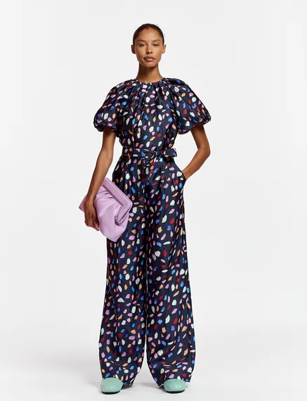 Navy blue wide-leg with abstract print