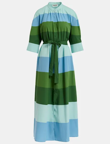 Light blue, blue and green cotton maxi-length dress