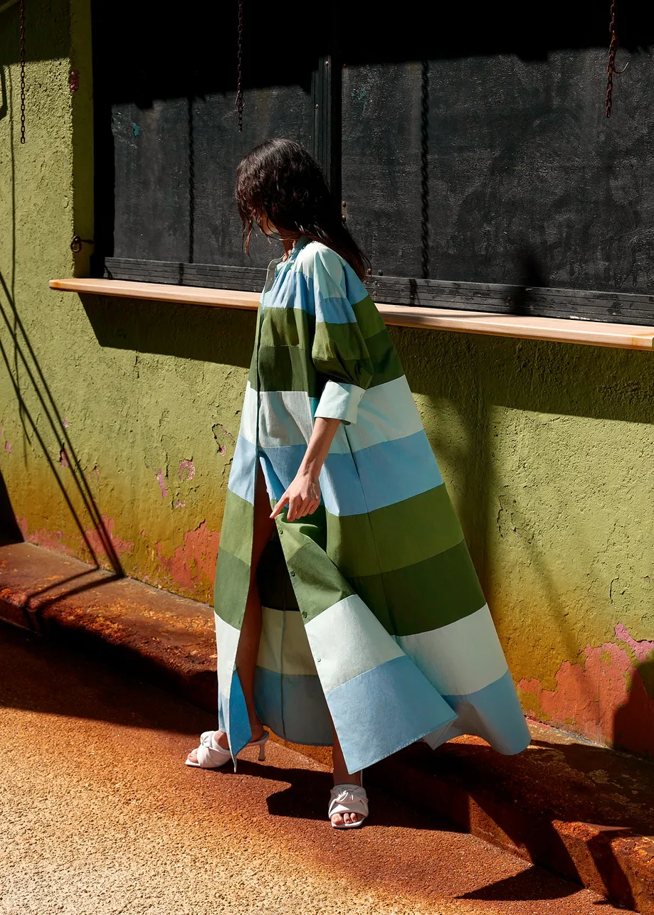 Light blue, blue and green cotton maxi-length dress