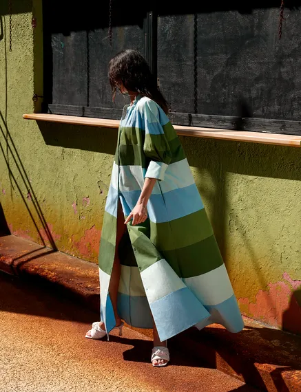 Light blue, blue and green cotton maxi-length dress