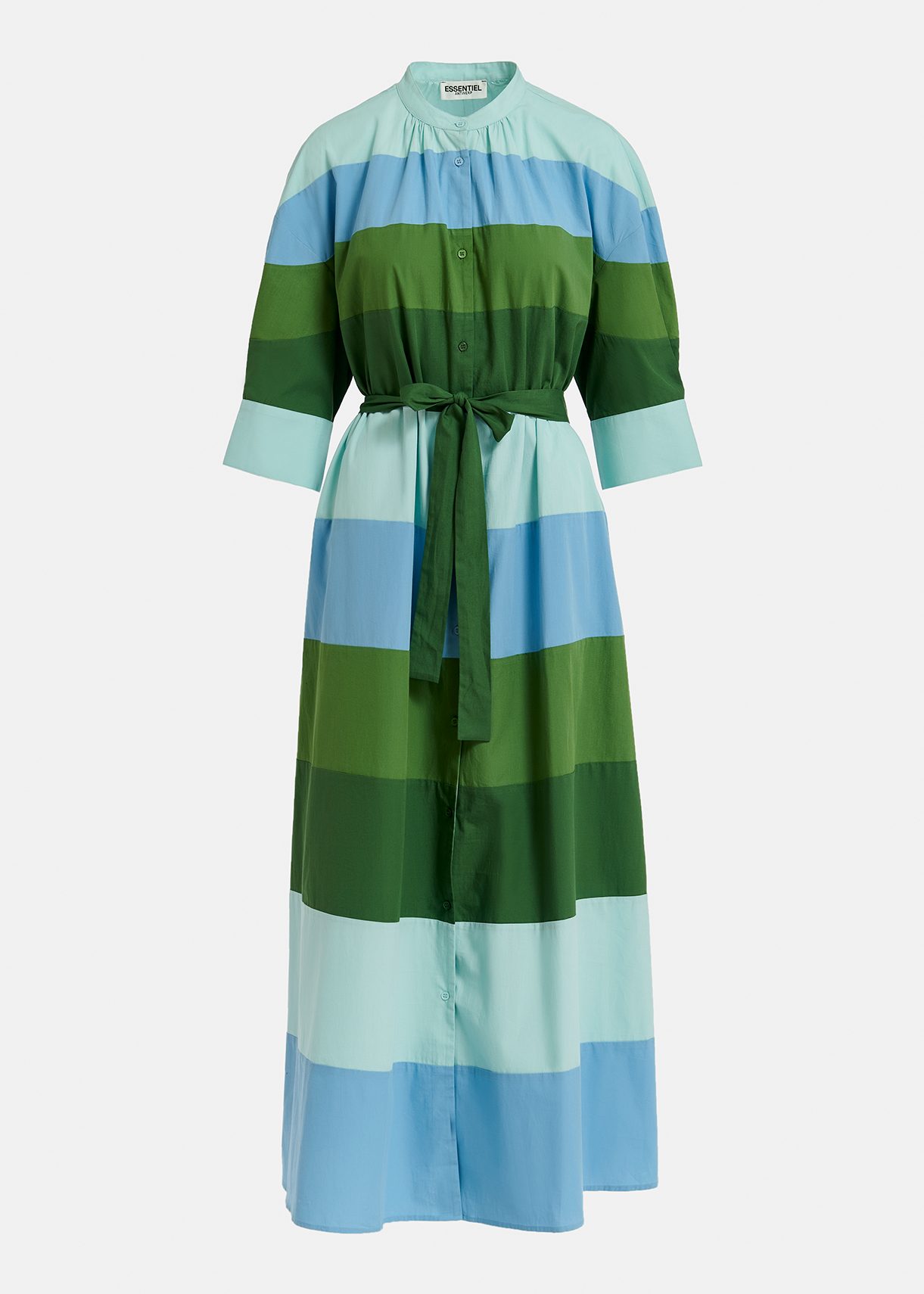 Light blue, blue and green cotton maxi-length dress