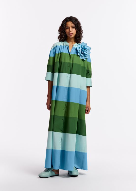 Light blue, blue and green cotton maxi-length dress