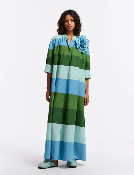 Light blue, blue and green cotton maxi-length dress