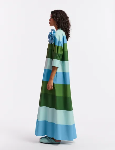 Light blue, blue and green cotton maxi-length dress