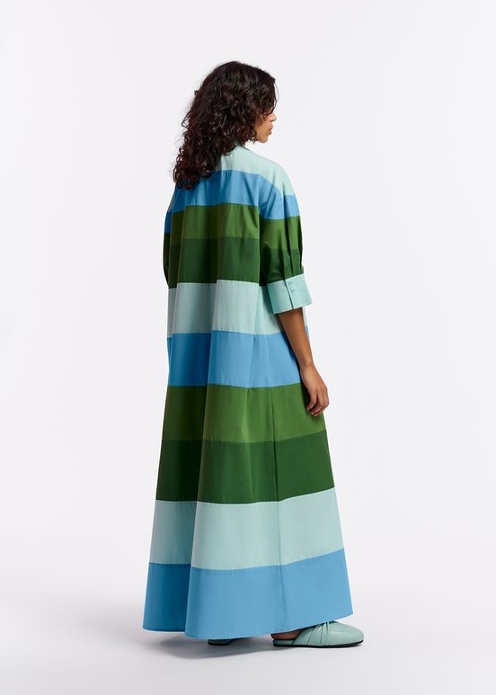 Light blue, blue and green cotton maxi-length dress