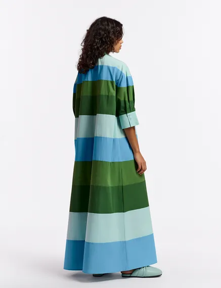 Light blue, blue and green cotton maxi-length dress