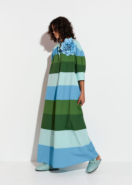 Light blue, blue and green cotton maxi-length dress