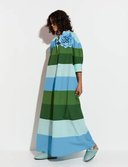 Light blue, blue and green cotton maxi-length dress