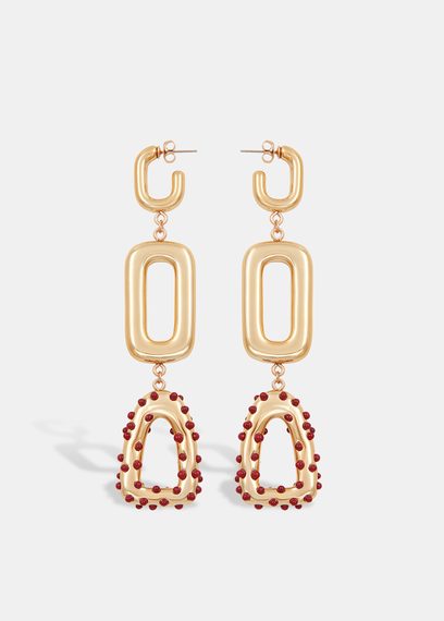 Long gold-tone and burgundy chain earrings