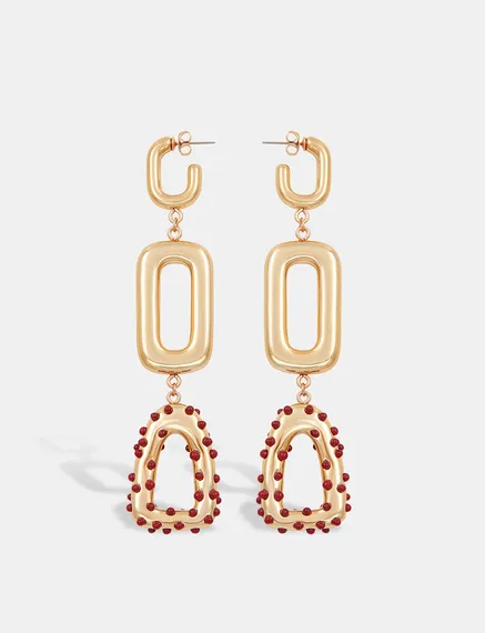 Long gold-tone and burgundy chain earrings