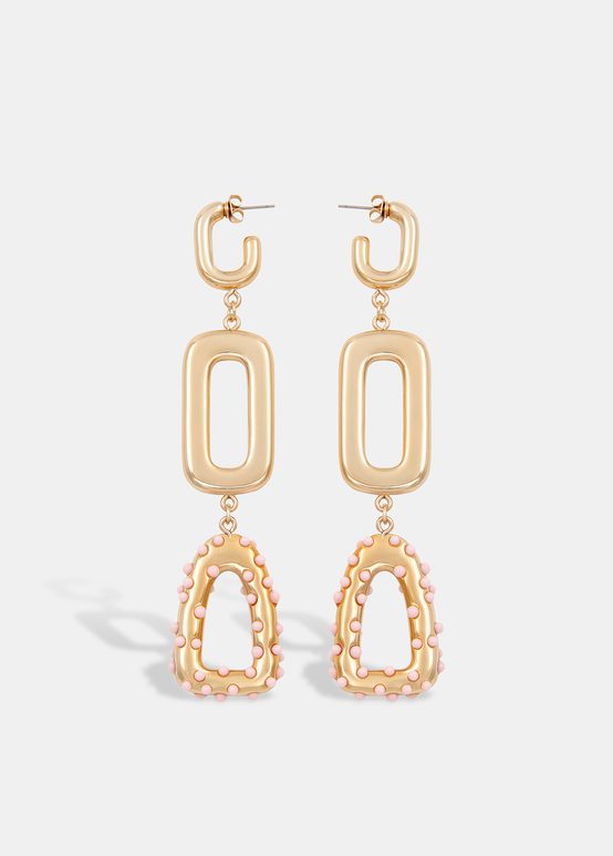 Long gold-tone and light pink chain earrings