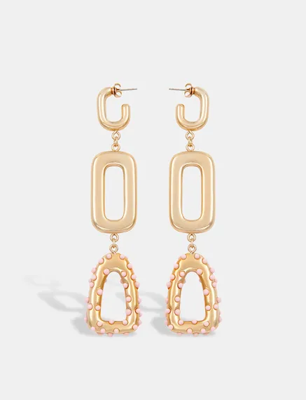 Long gold-tone and light pink chain earrings