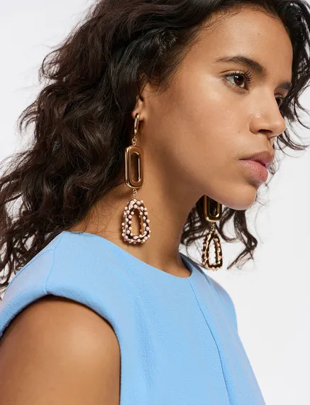 Long gold-tone and light pink chain earrings