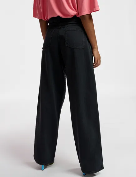 Black rhinestone-embellished wide-leg jeans