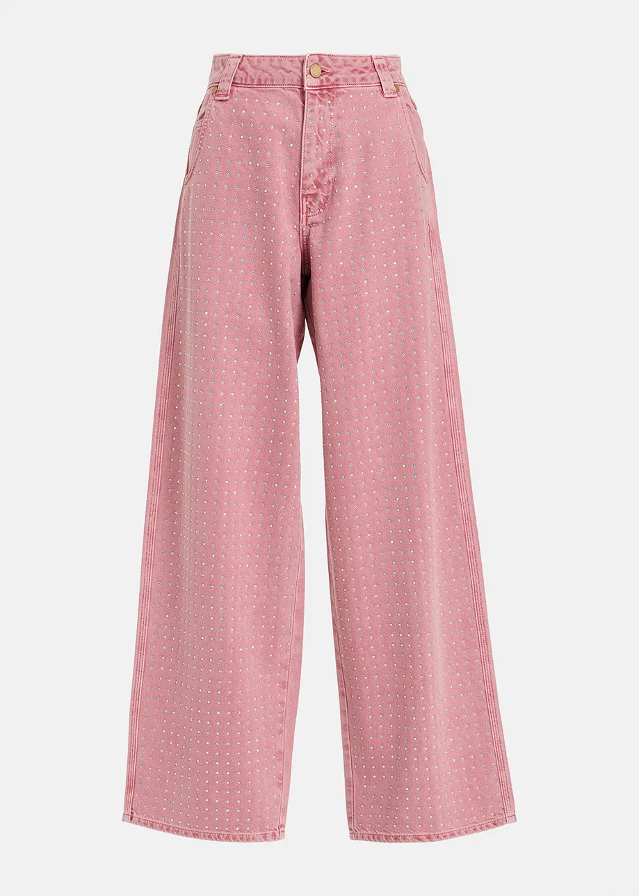 Pink rhinestone-embellished wide-leg jeans