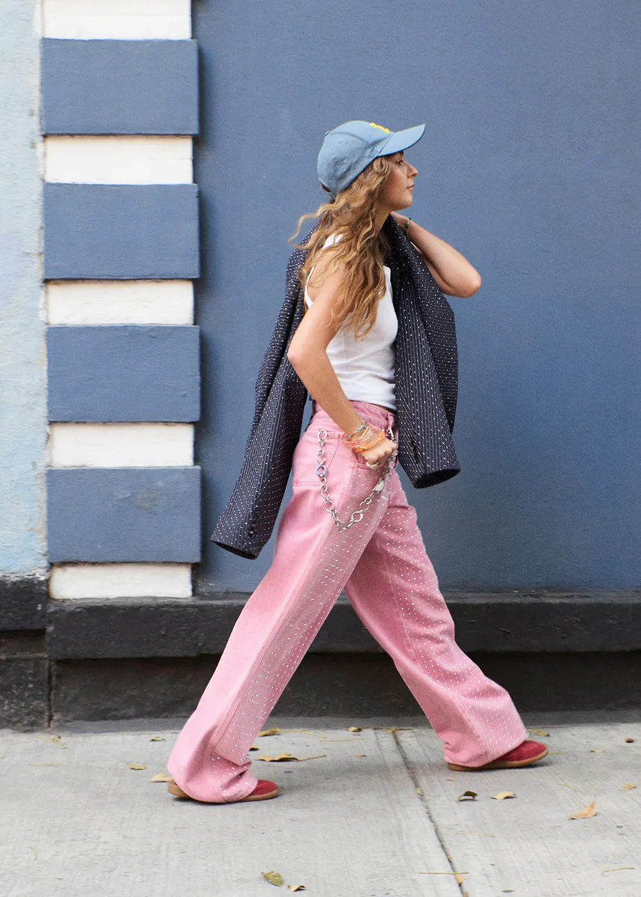 Pink rhinestone-embellished wide-leg jeans