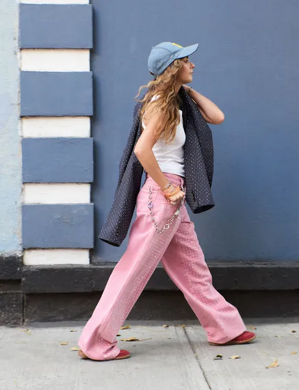 Pink rhinestone-embellished wide-leg jeans