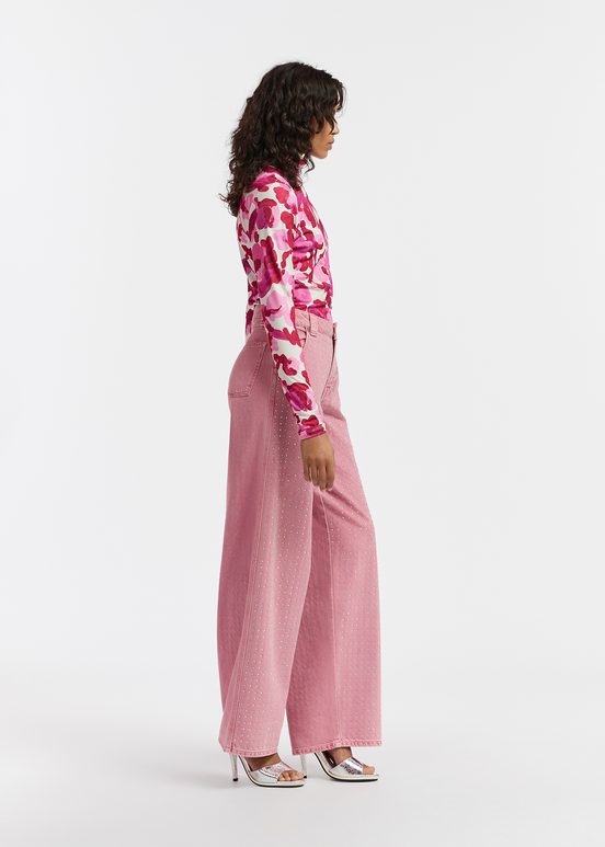 Pink rhinestone-embellished wide-leg jeans