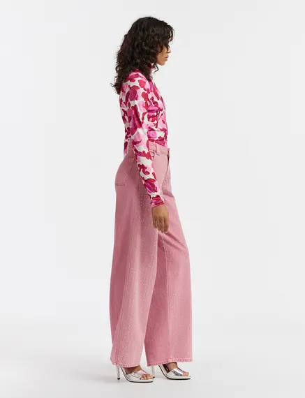 Pink rhinestone-embellished wide-leg jeans