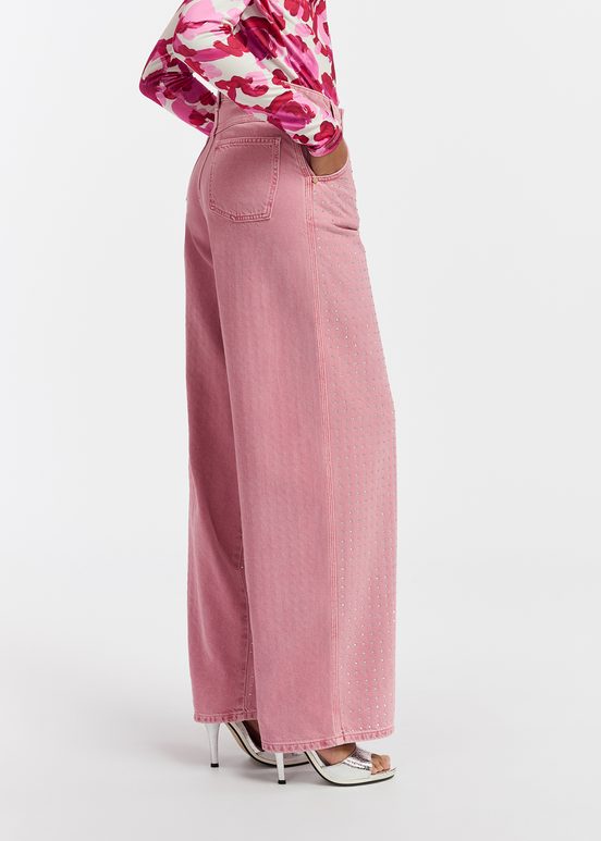 Pink rhinestone-embellished wide-leg jeans