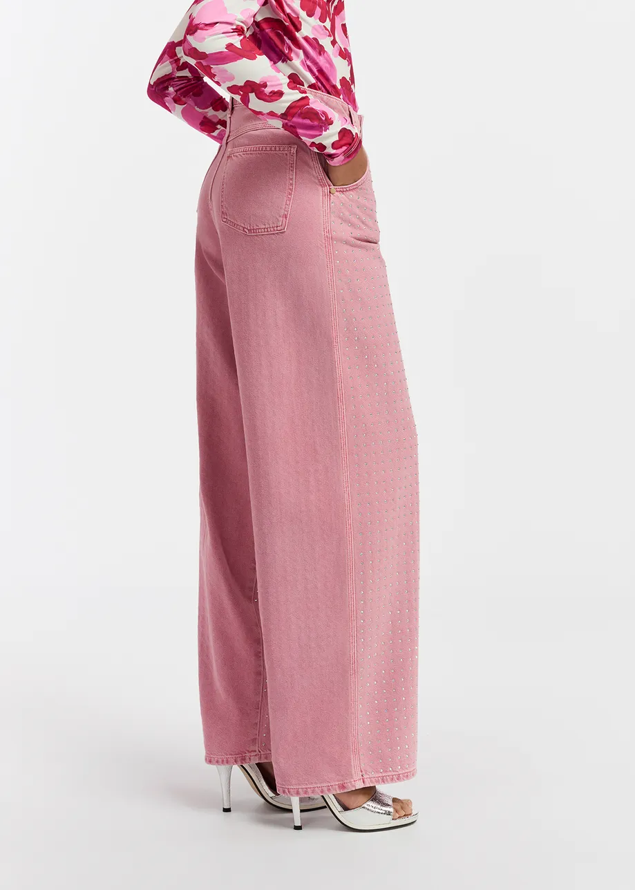 Pink rhinestone-embellished wide-leg jeans