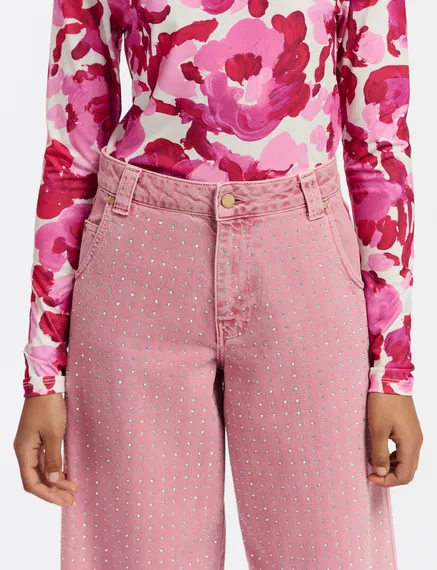 Roze brede jeans met stras