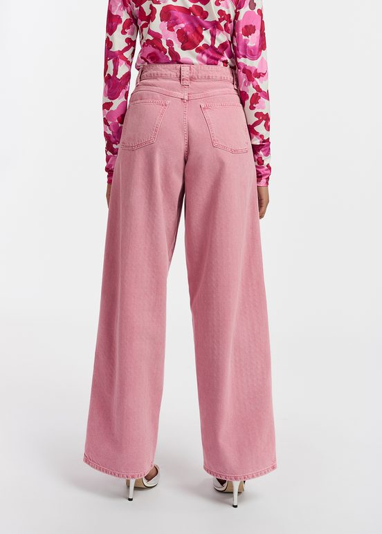 Pink rhinestone-embellished wide-leg jeans