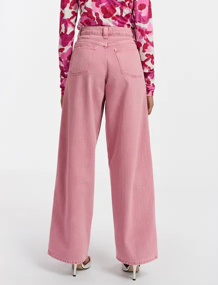 Pink rhinestone-embellished wide-leg jeans